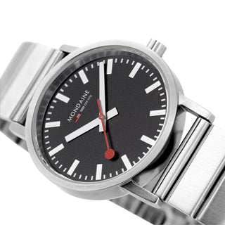 Mondaine Official Classic 40mm Silver Stainless Steel watch close up